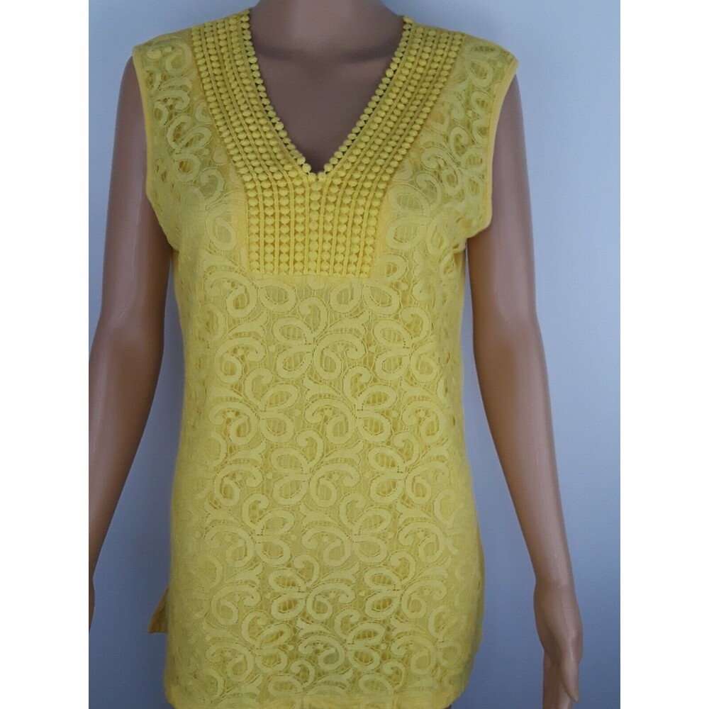 SHANNON Ford New York Yellow Boho Pom Pom Front blouse Sleeveless V Neck Size M